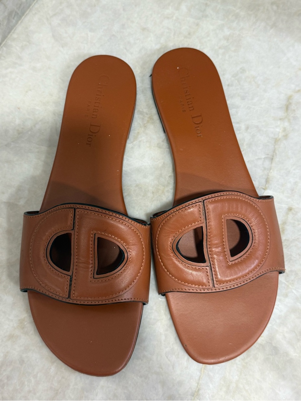 Dior Tan Leather Slide Sandals with Logo Cutout